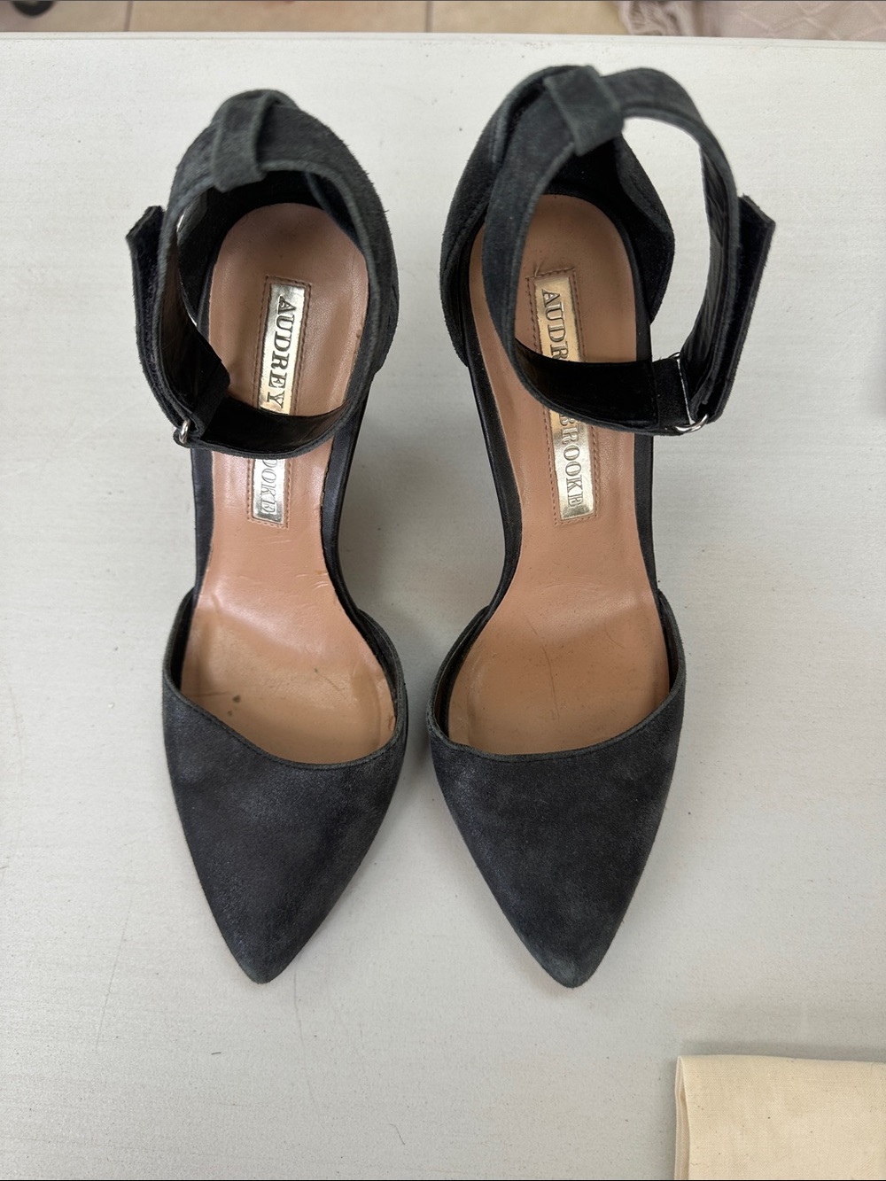 Audrey Brooke Black Suede Pointed Ankle Strap Wedges